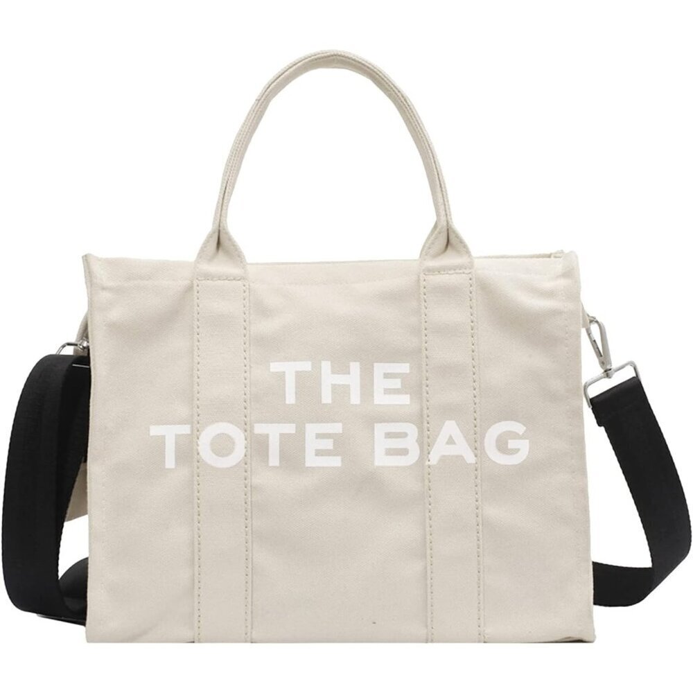 Women Beige Personalized Canvas Crossbody Tote Bags with Zipper Mini Top-Handle